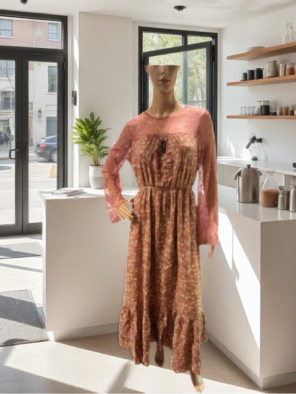 Women's vintage Pink Floral Long Sleeve Maxi Dress